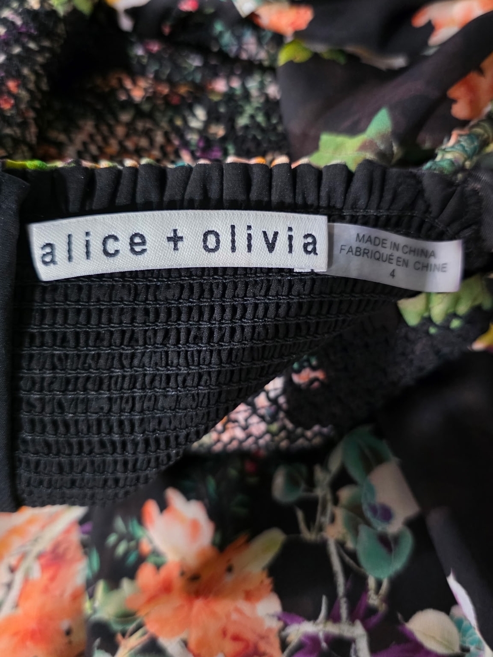 Alice + Olivia Black Floral Smocked Mini Dress - Picture 3 of 6